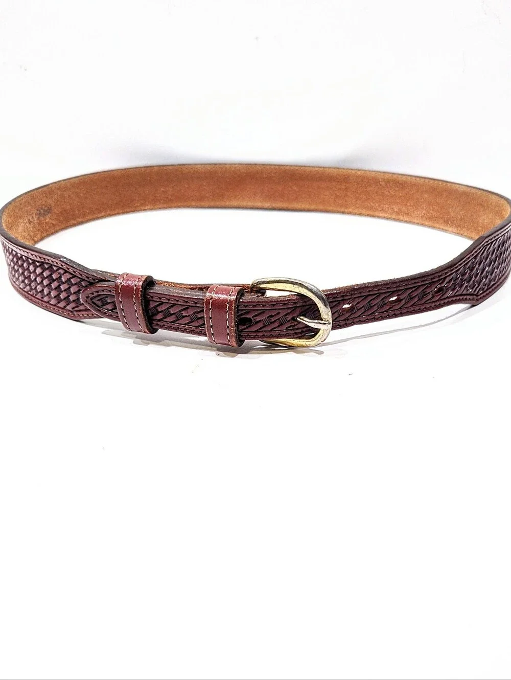 Vintage Circle Y Yoakum Leather Western Belt 32 Brown Basketweave Tooled USA